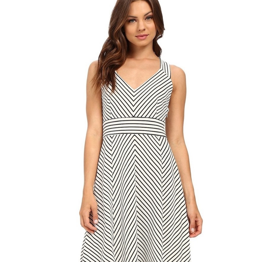 ADRIANNA PAPELL stripe sleeveless Ottoman fit & flare stretch cross back dress